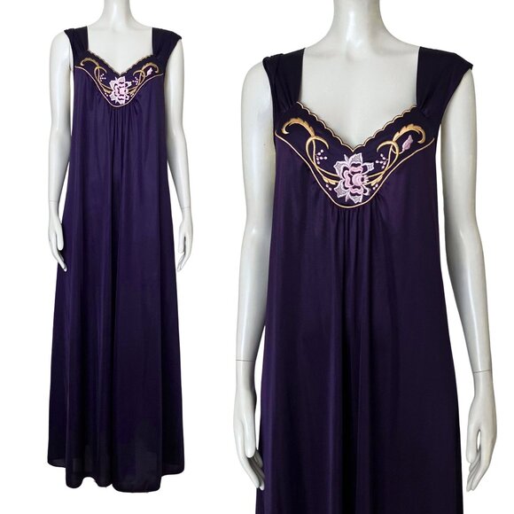 Vintage 70s Vanity Fair Purple Embroidered Slip Long Nightgown M/L Romantic Glam - Picture 1 of 14